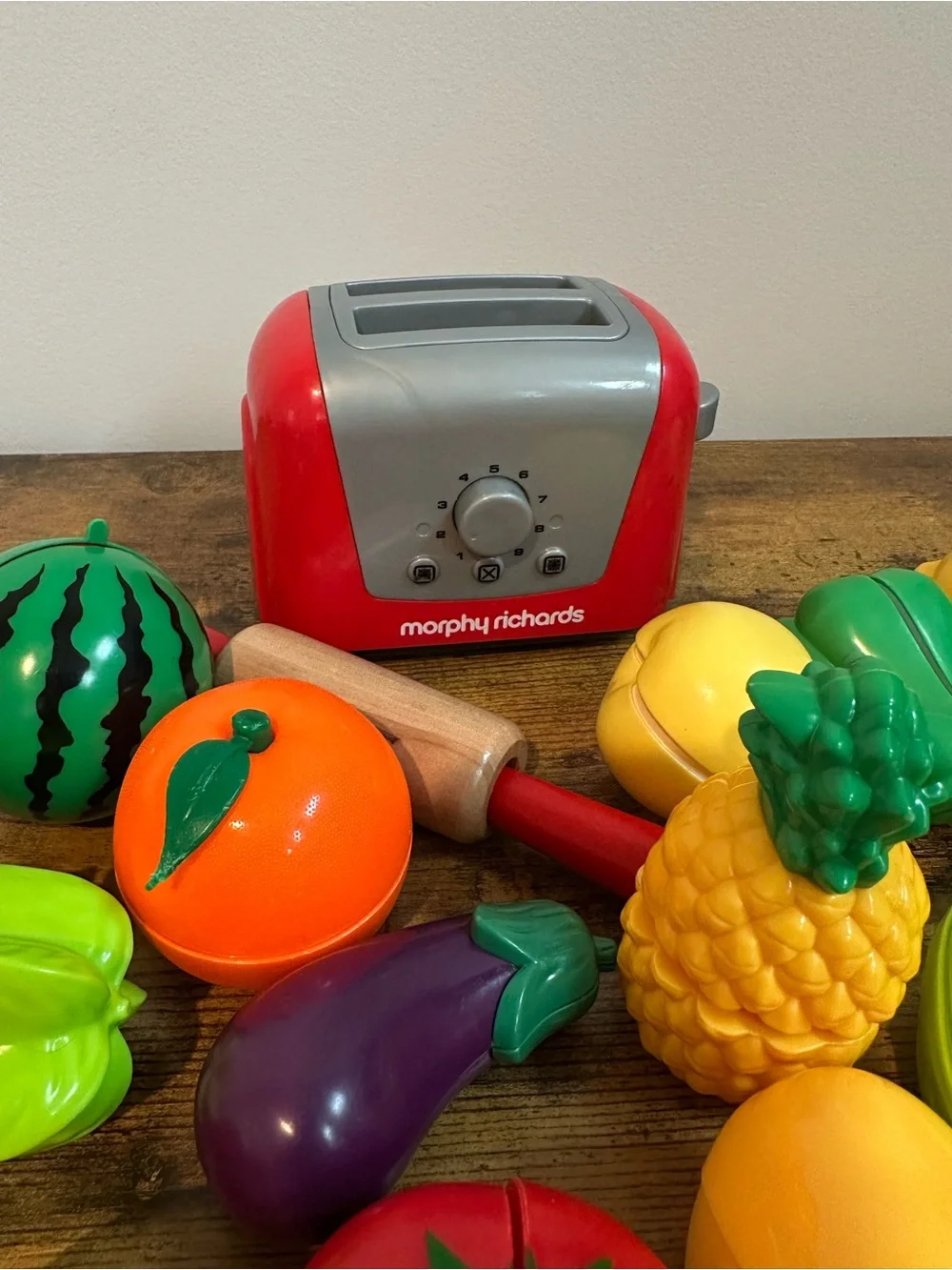 Kids Play Food Fruit & Veg Cutting Set with Red Toaster -